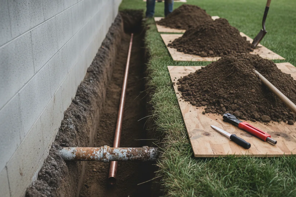 Excavated water line trench during Water Softener Installation in Mulberry